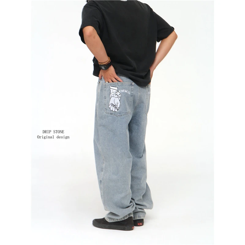 DRIP STONE欧美风手铐刺绣牛仔裤男春秋直筒长裤街头水洗宽松裤子