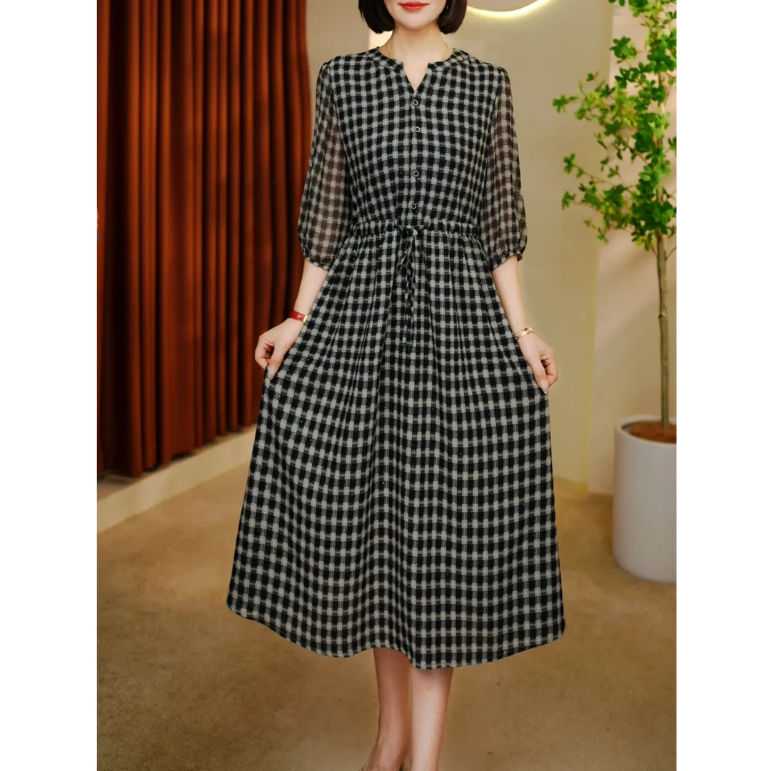 高定款连衣裙满天星洋气显瘦格子裙子印花格纹夏季长款连衣裙