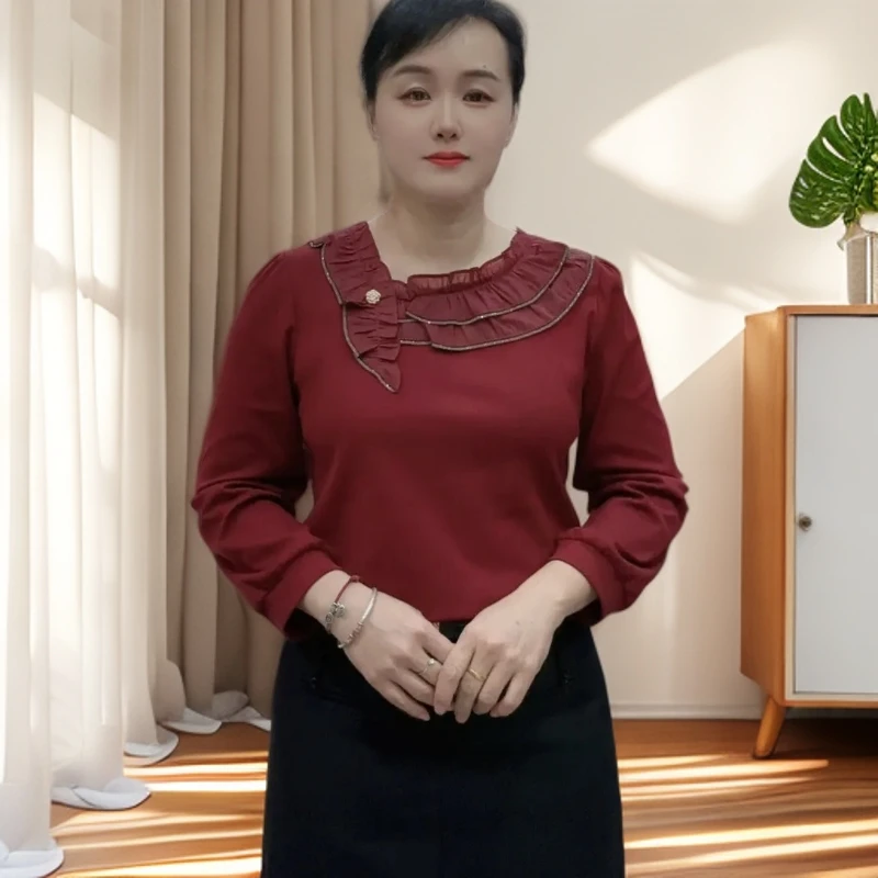 2816秋季新款女轻熟风法式花边斜领吸汗T恤长袖气质百搭上衣