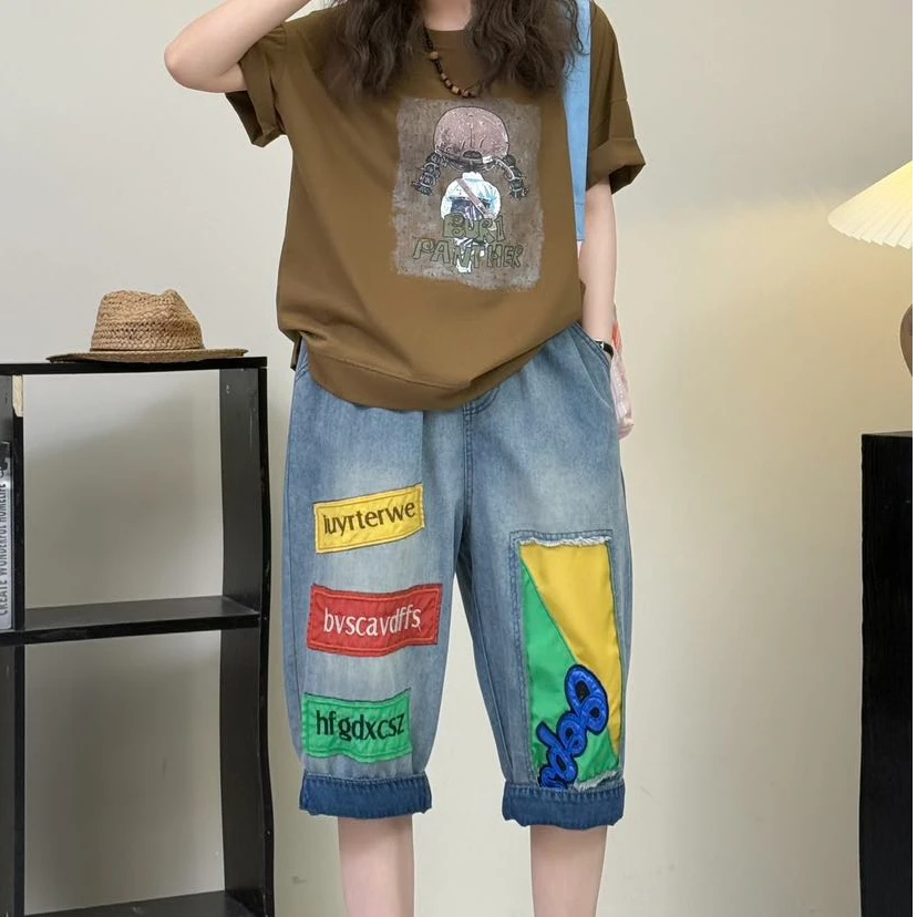 新款彩色贴布刺绣哈伦裤百搭休闲时尚宽松夏季薄六分裤水洗软牛仔
