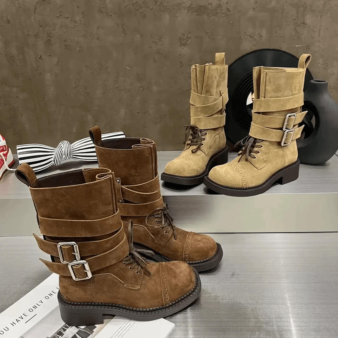 方头粗跟冬季学院风平跟磨砂短靴高筒靴秋冬女靴休闲