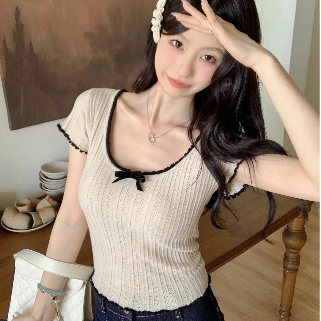 纯欲绝美夏季法式撞色蝴蝶结镂空修身针织短袖t恤女短款甜辣上衣