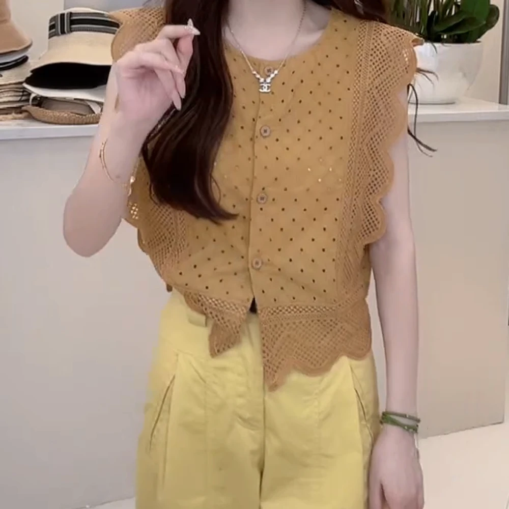 法式荷叶边蕾丝拼接镂空短袖小衫时尚百搭上衣