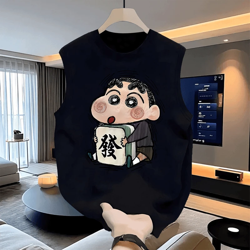 2025日系嘻哈卡通夏季新款男士圆领背心坎肩运动健身无袖百搭上衣