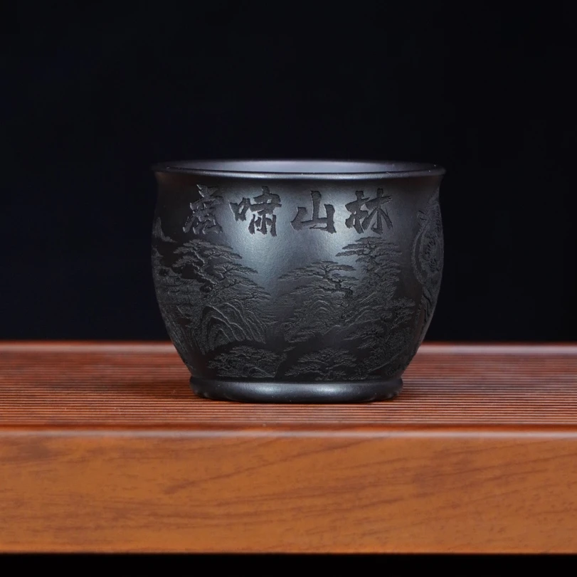 宜兴原矿茶具正宗石黄手工刻绘虎啸山林高端定制自用紫砂主人杯
