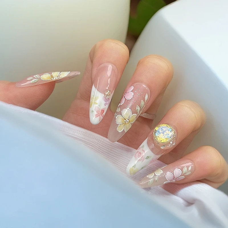 巴仑美【春日花园】画家款  水彩法式带花 可重复穿戴美甲贴 5A锆石