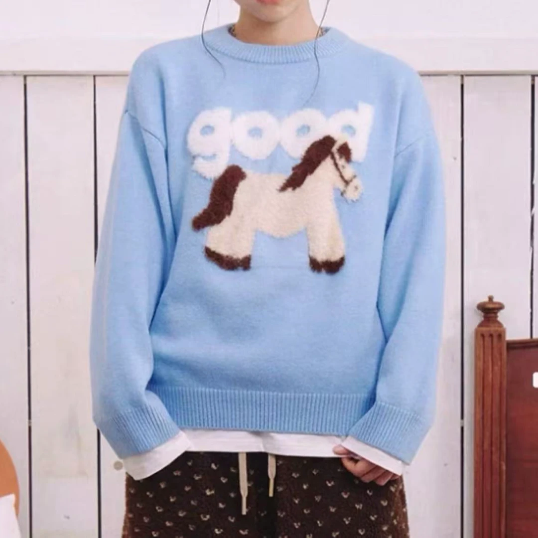 美好「蓬蓬马」白棕拼接小马套头毛衣 爱找事者勿拍