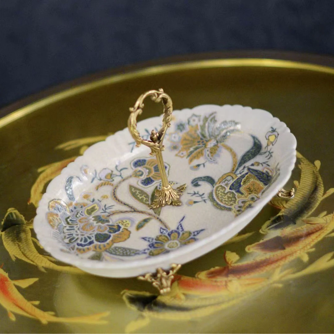 castilian/卡斯特兰花想容系列铜配瓷玄关客厅茶几手提椭圆形果盘