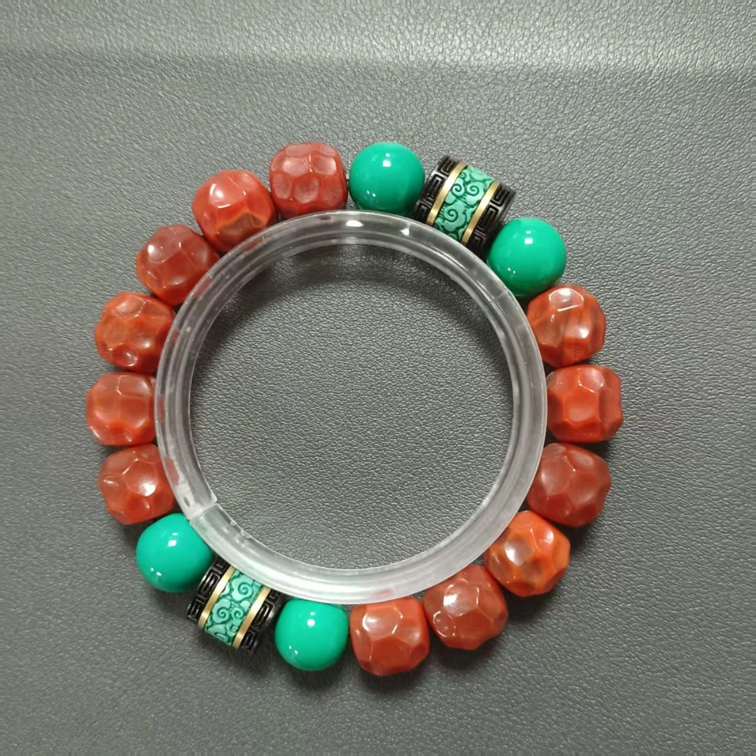 民国 【南红】无相南红玛瑙 绿松圆珠 手串KC7959