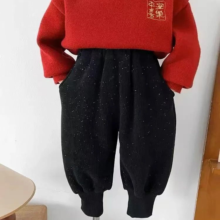 子航同款 冬季新款儿童韩版个性撒银百搭加绒束脚裤dk7082