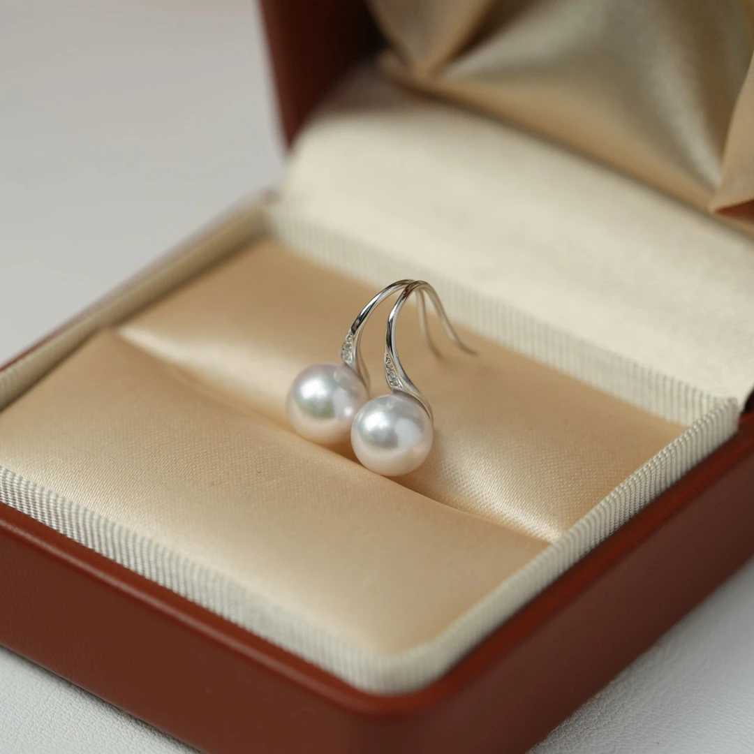 天然海水akoya珍珠耳环7.5-8mm高跟鞋925银镶嵌精致简约珍珠耳饰