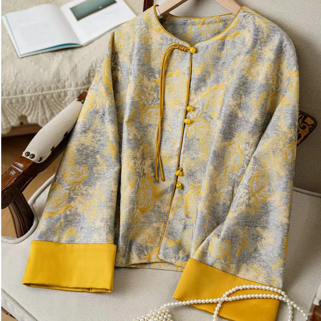 2025秋冬新款新中式老钱风提花织锦缎气质国风长袖宽松时尚外套