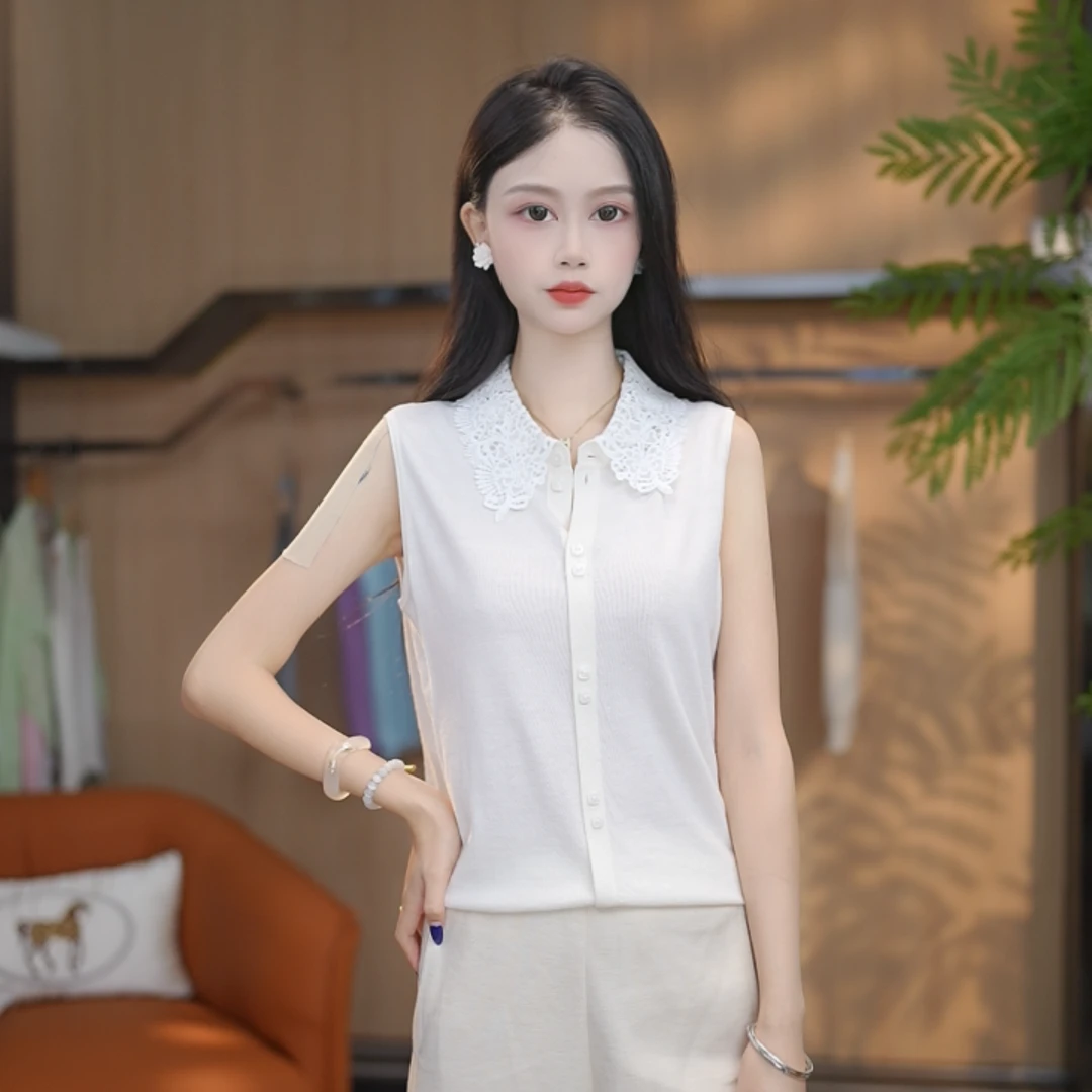【林林定制】早秋新款高端百搭显瘦蕾丝领无袖针织上衣女1599326