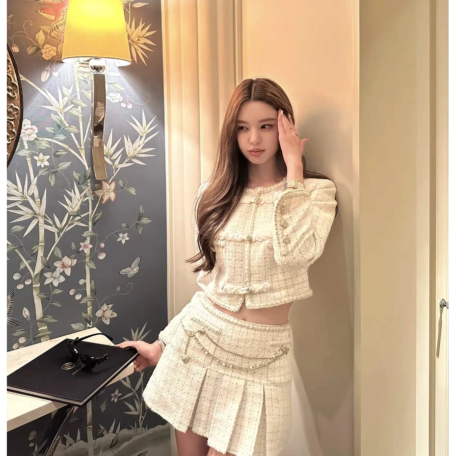 小香风套装女时尚气质纯欲辣妹粗花呢短款长袖外套百褶短裙两件套