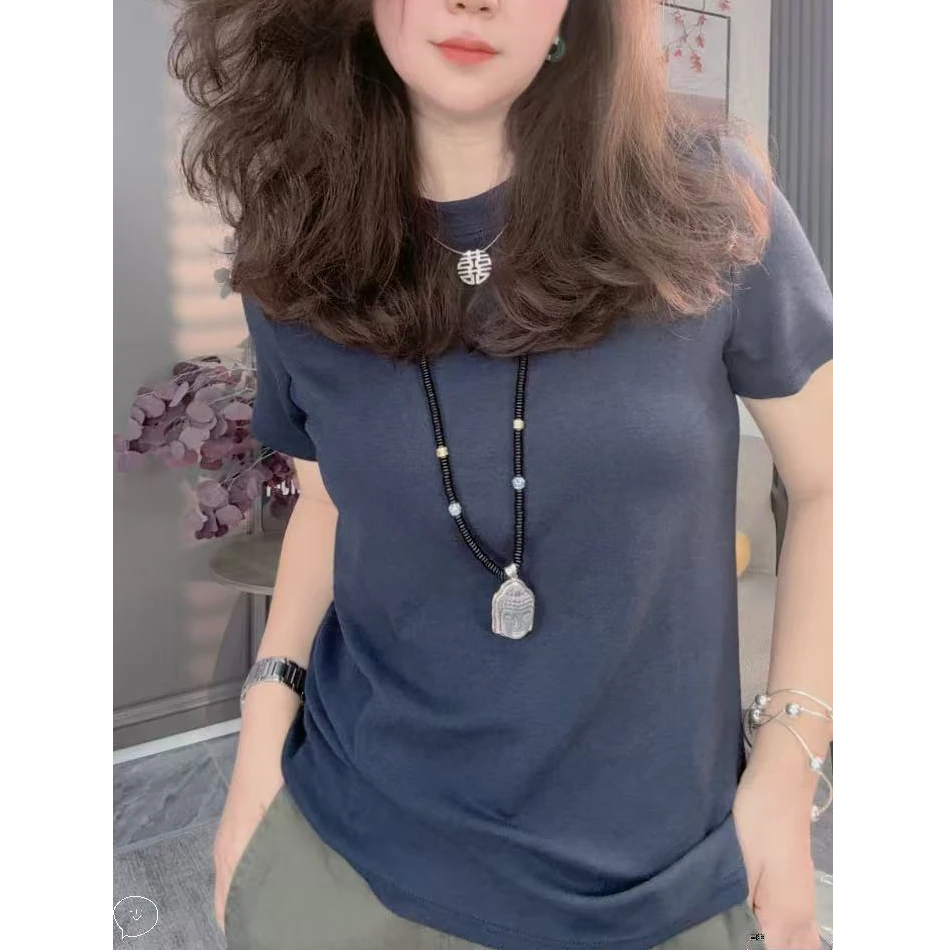 【广州微姐】夏季时尚百搭圆领纯色休闲简约显瘦女士短袖2023-6