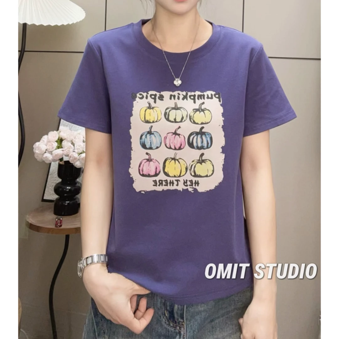 【紫色小南瓜】新款正肩弹力棉透气印花修身常规版短袖