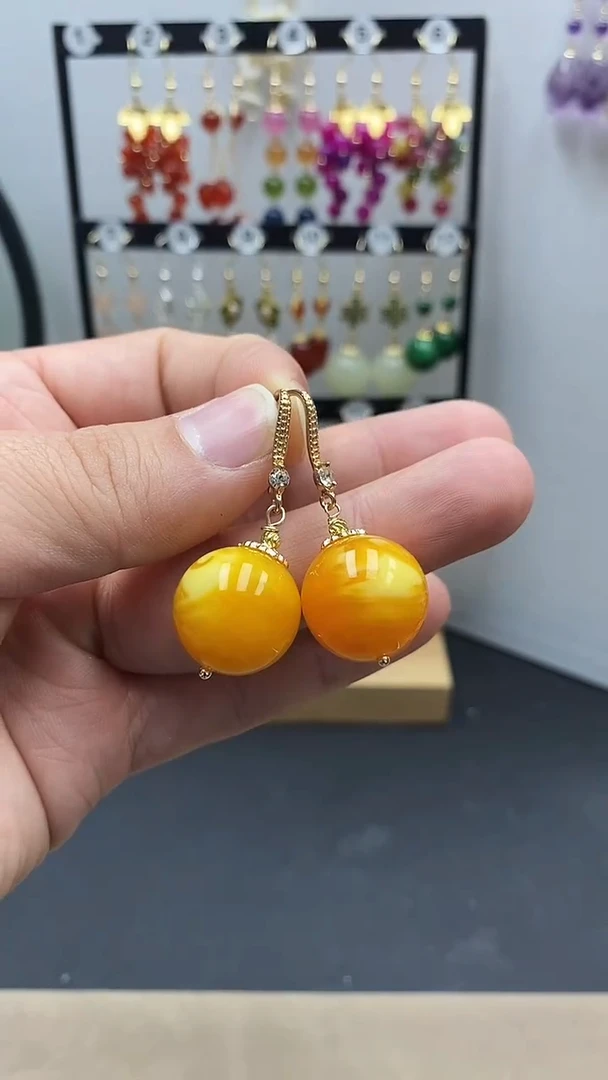 【闪购商品】蜜蜡耳饰银S925镀金镶嵌尺寸18mmW4