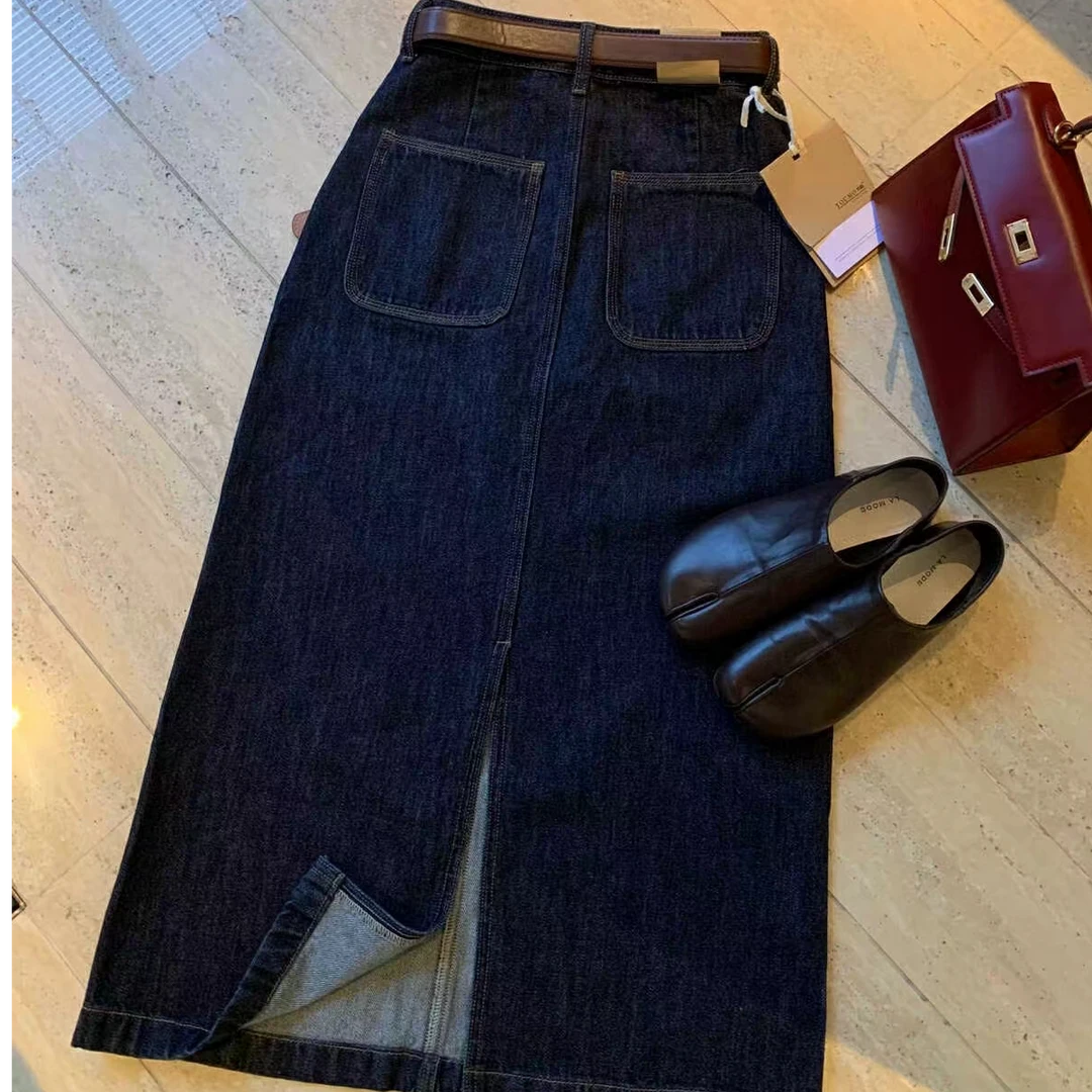 2025简约夏季新款原牛不掉色百搭显瘦后开叉高腰牛仔半身裙6608