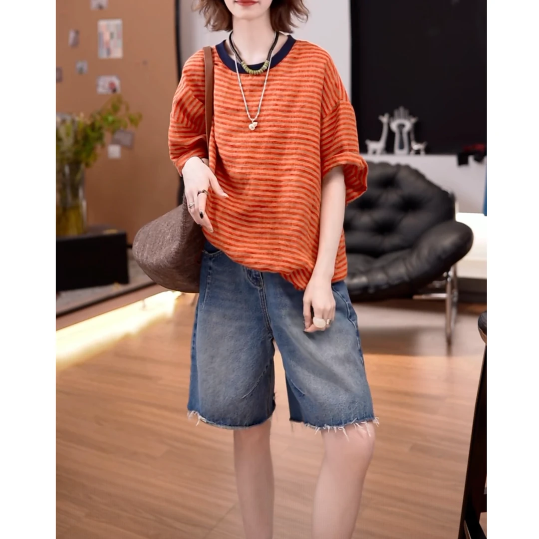 潮牌做旧条纹亚麻短袖T恤女2025夏季新款慵懒风宽松百搭显瘦上衣