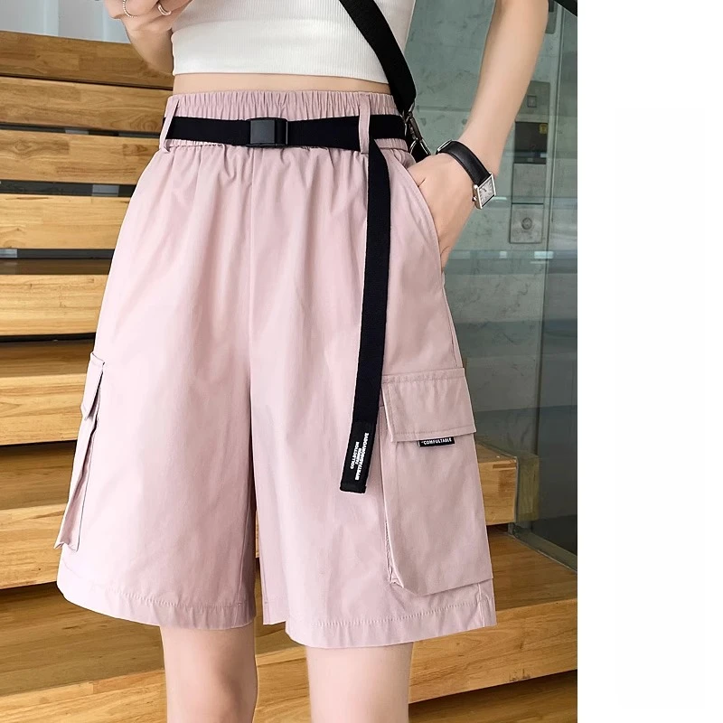 粉色速干工装短裤女2025新款夏季薄款高腰冰丝直筒休闲五分短裤