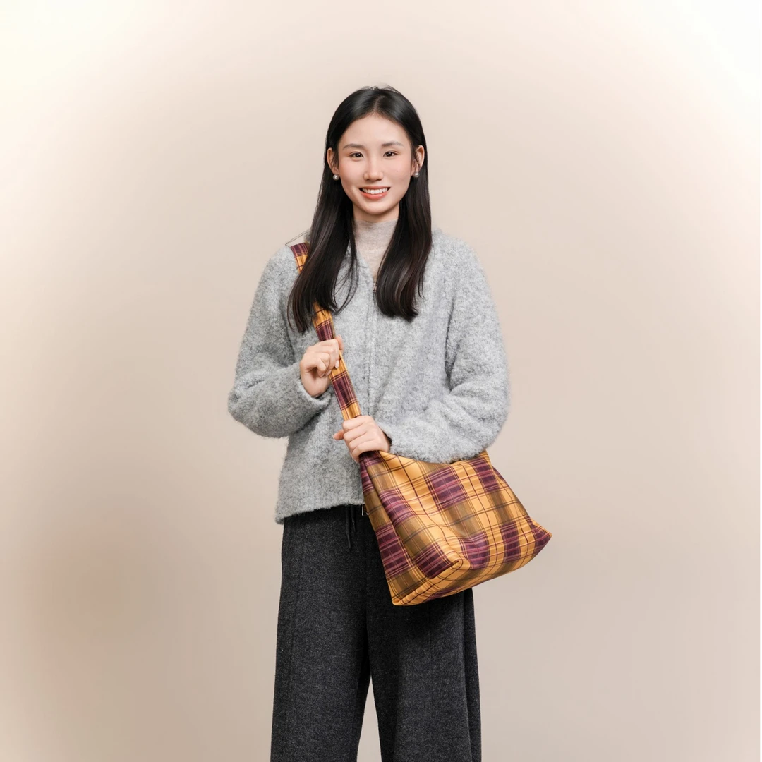 无则艺【宽肩带】黄紫格时尚百搭小众学生单肩包潮流印花女士休闲包