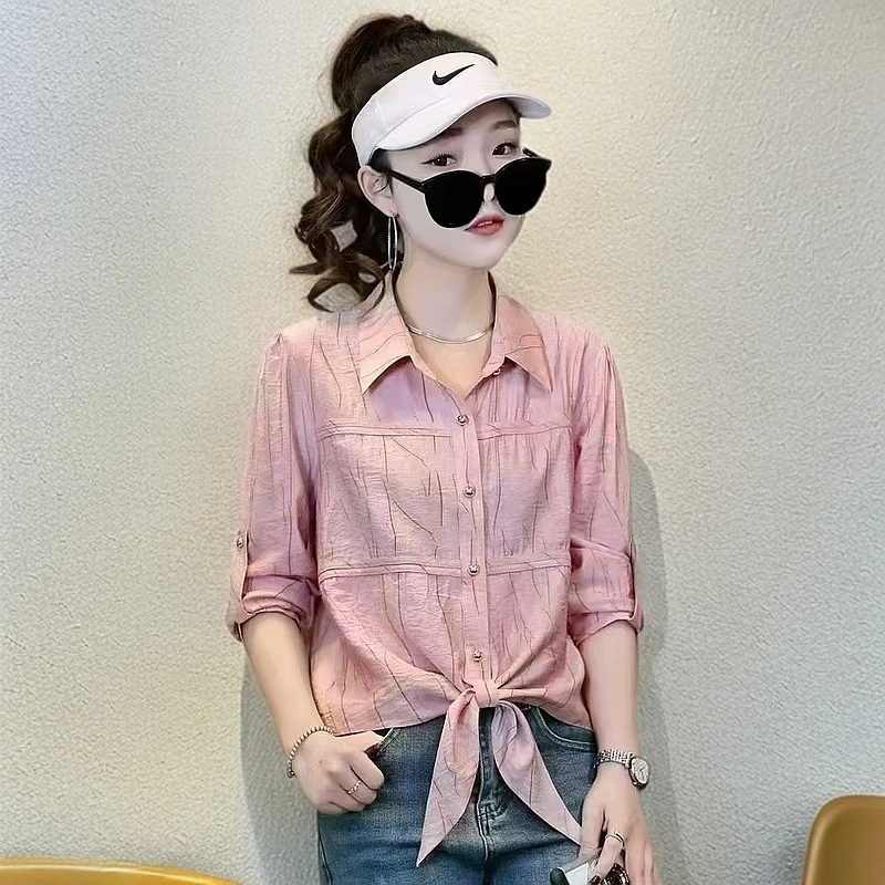 春季出行2025新款短款下摆打结显瘦减龄洋气七分袖衬衫高端百搭