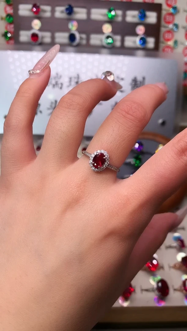 银S925镶嵌戒指红宝石5*7 酒红 银托