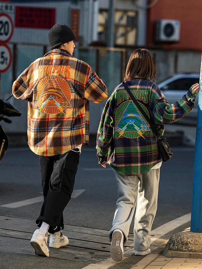 【净化眼球】秋季格子衬衫毛呢男女宽松潮牌绣花长袖衬衣情侣外套