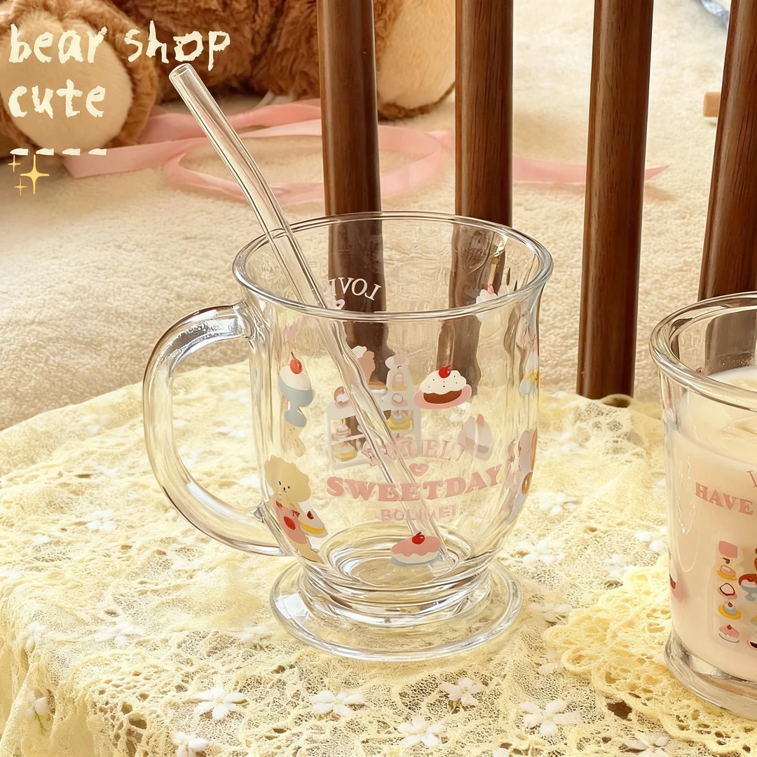 【买一送一】可爱小熊蛋糕杯子玻璃水杯子ins高颜值印花便携大容量