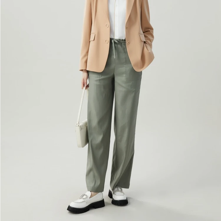 GIRDEAR/哥弟【薄荷曼波】复古休闲百搭垂感亚麻松紧直筒裤1100464