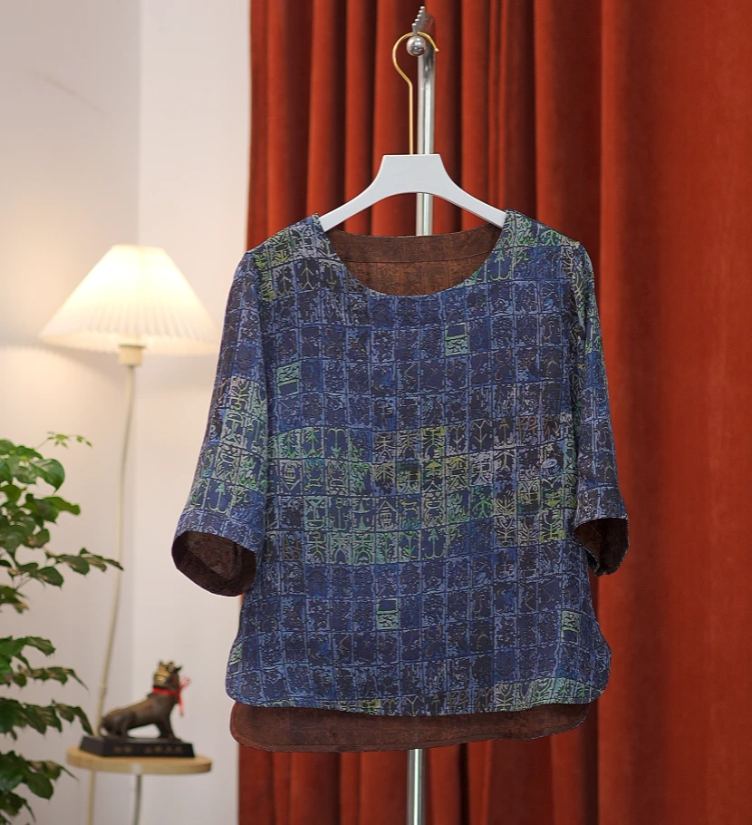 [蓝韵甲骨纹] 新中式高定圆领真丝香云纱花萝短袖小衫宽松显瘦女