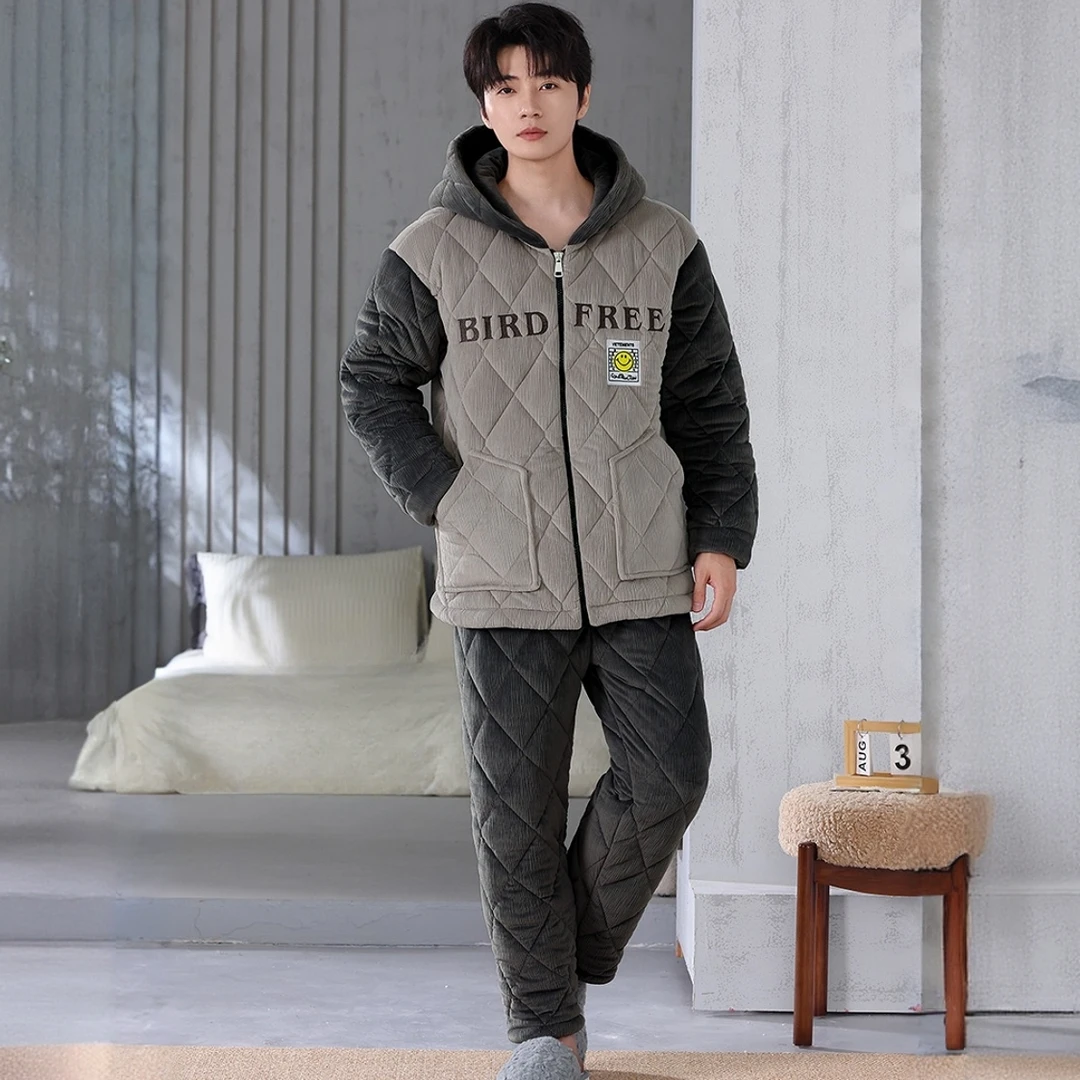 新款加厚冬季三层夹棉连帽纯色保暖松紧带睡衣大码海岛绒冬天居家