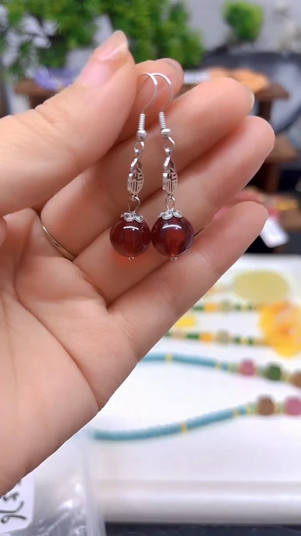 银S925镶嵌血珀耳饰DIY款E576