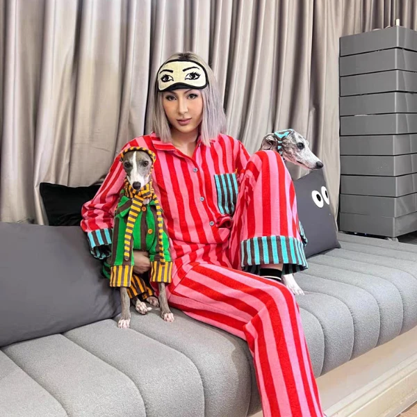 【德绒】秋冬季保暖情侣睡衣女款高级感条纹保暖加厚男士冬天家居服