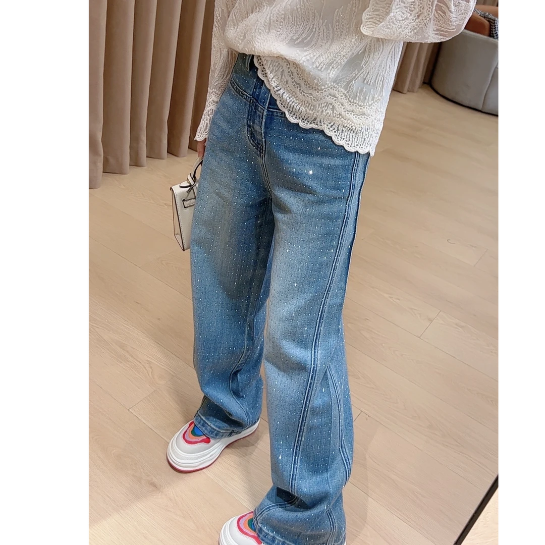 奈奈妮【闪耀】爆闪窄版直筒牛仔裤显瘦时尚百搭开叉5322
