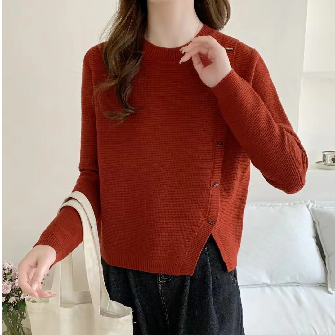 8858针织衫长袖网红时尚百搭宽松圆领秋冬套头纯色显瘦针织上衣