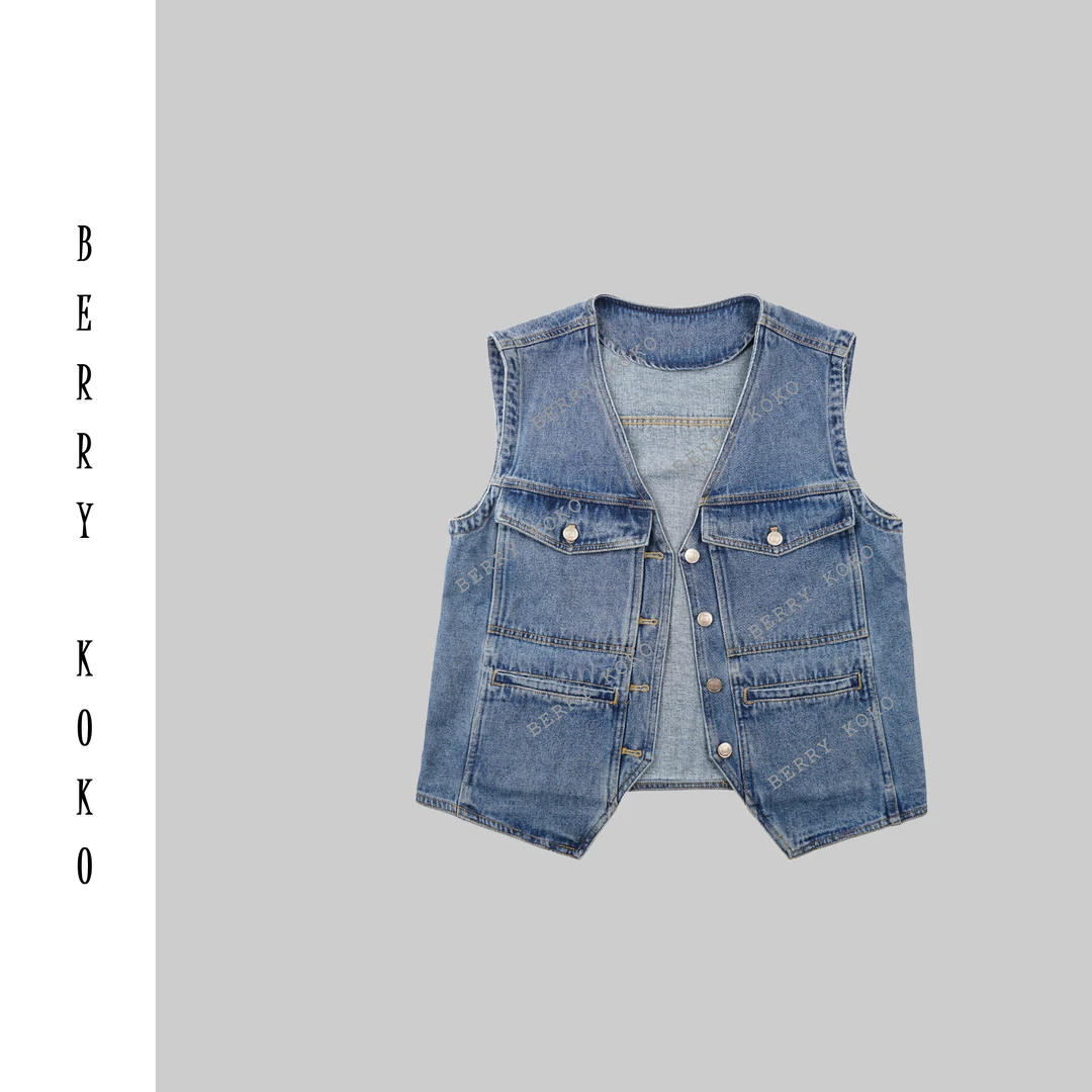 【MISSKO】早秋款复古洗水工装口袋V领显瘦百搭牛仔马甲 J11