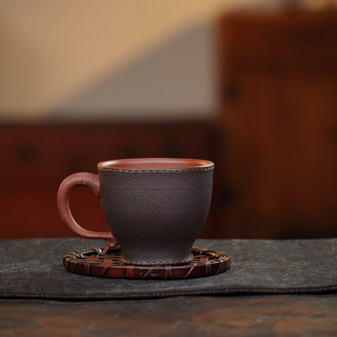 手工杯 | 九斋仿生皮革朱泥紫砂手把杯