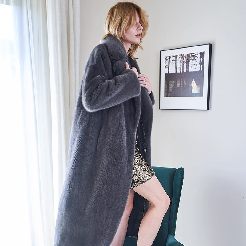 RMM皮草 进口紫标天鹅绒短二长款整貂皮大衣女款水貂外套高级灰