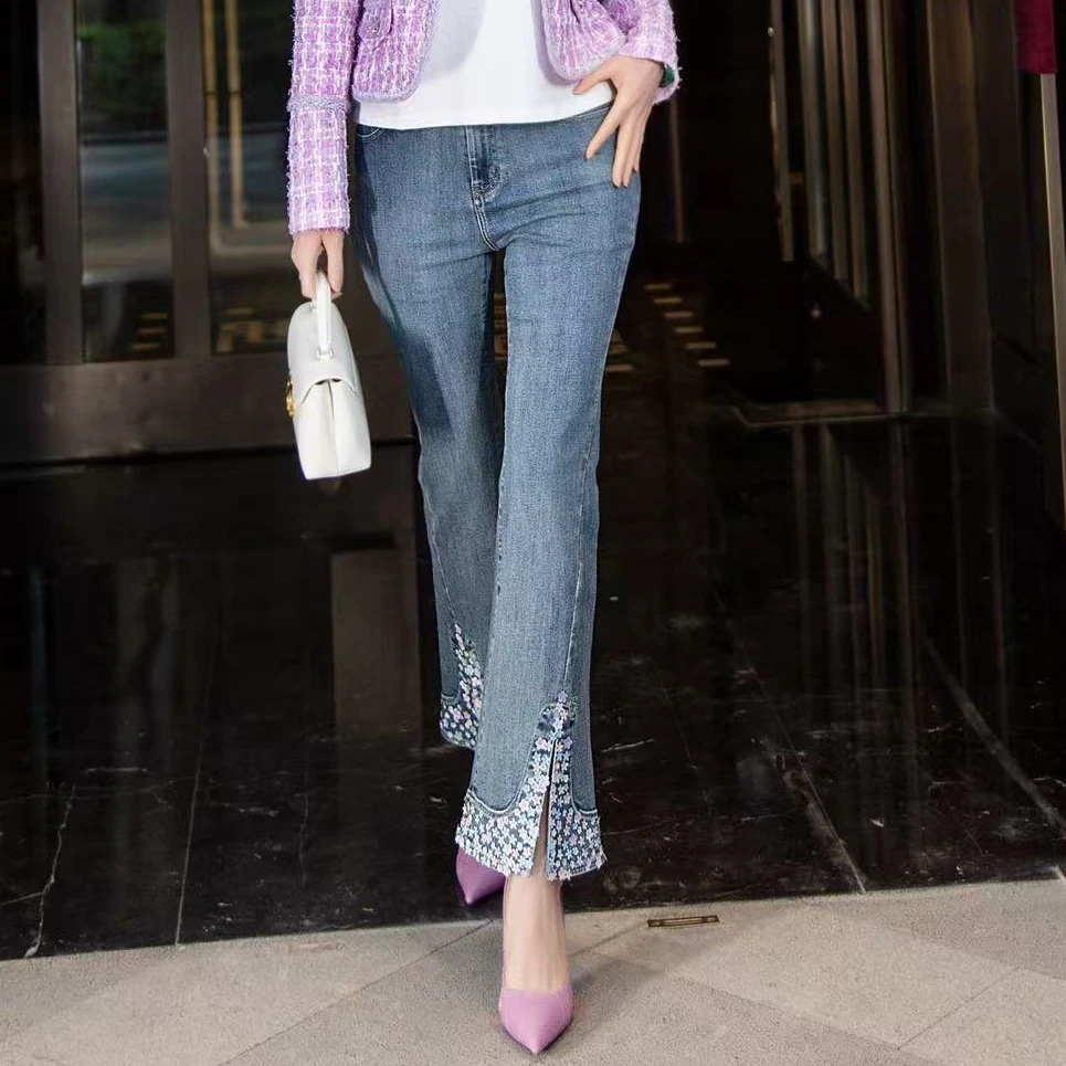 EDFNOT/杨红霞汝意YK立体花朵拼色牛仔裤