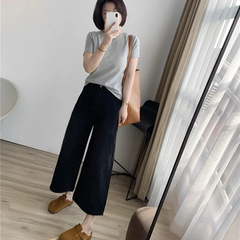欧货八分阔腿牛仔裤女2025春夏显瘦百搭时尚个性百搭简约流行潮裤