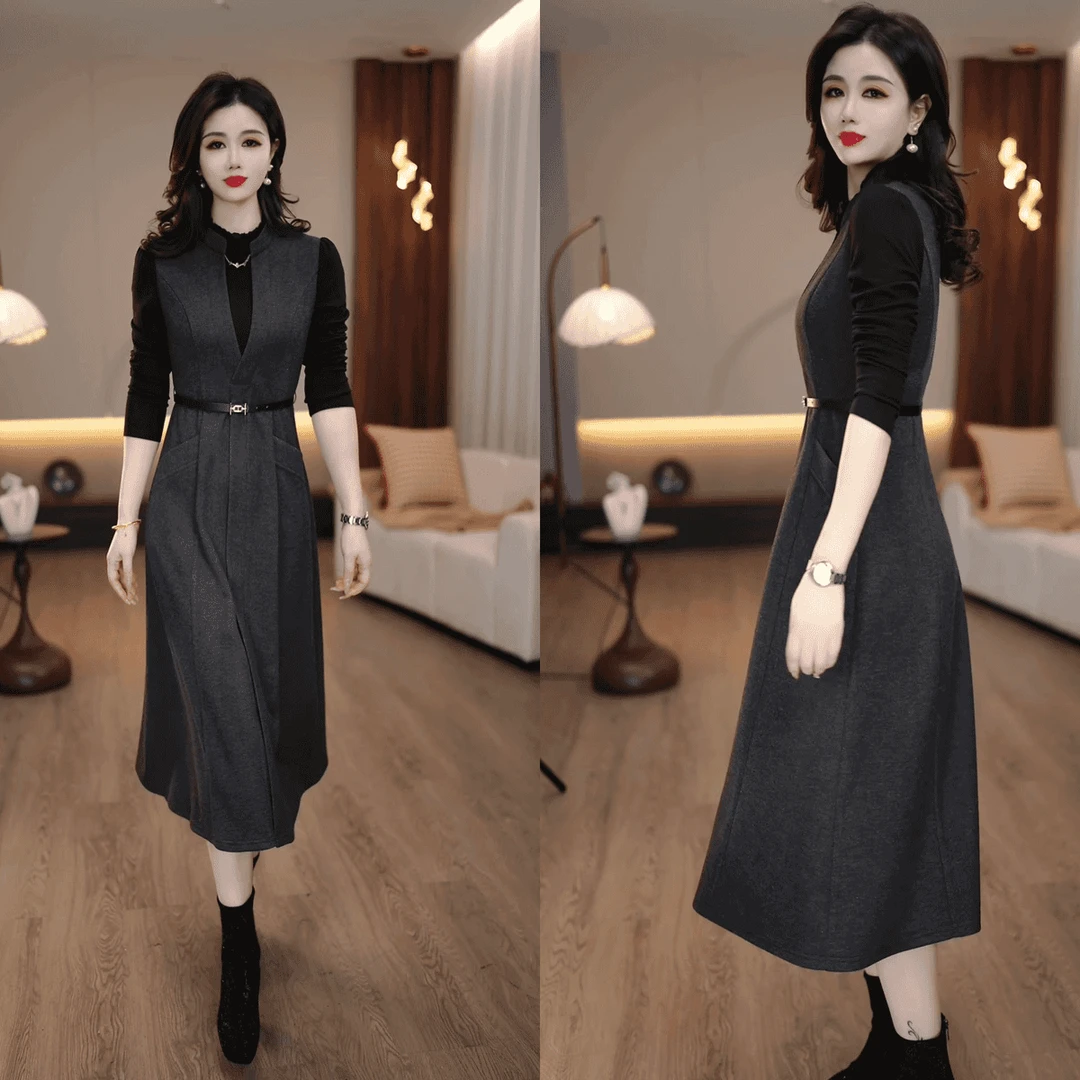 D022秋冬新款灰色V领冬季大气简约干练打底假两件连衣裙