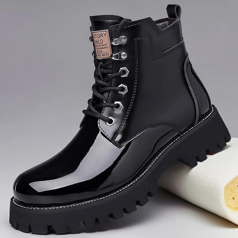 啄木鸟马丁靴男款冬季加绒真皮高帮工装靴男士增高防水机车皮靴潮