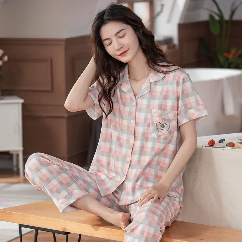 睡衣女春夏季纯棉短袖长裤开衫套装全棉休闲可外穿格子家居服J126