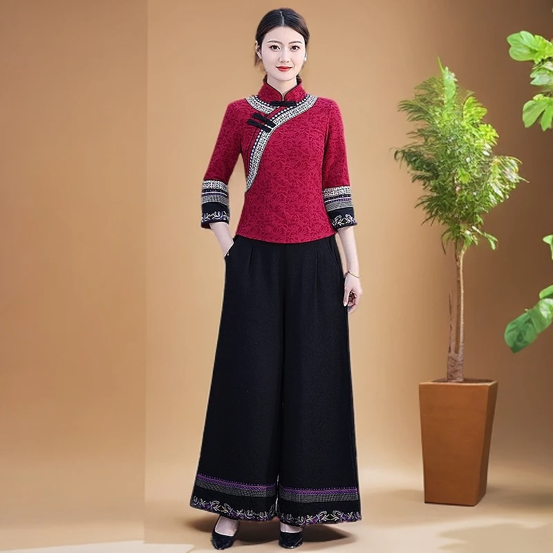 春棉麻旗袍上衣女新中式唐装改良汉服复古修身显瘦两件套装民族风