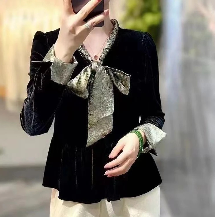 3766丝绒小衫~金色飘带