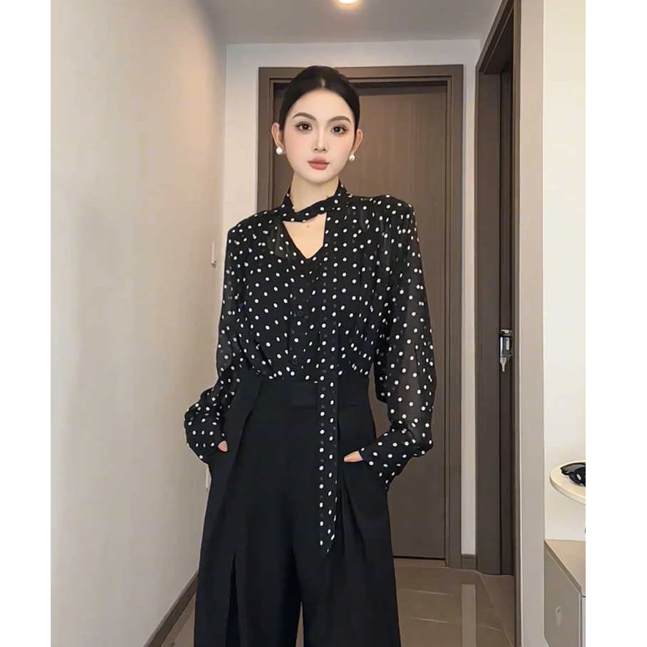 法式v领波点飘带长袖雪纺衬衫女春夏薄款微透高级感显瘦气质上衣