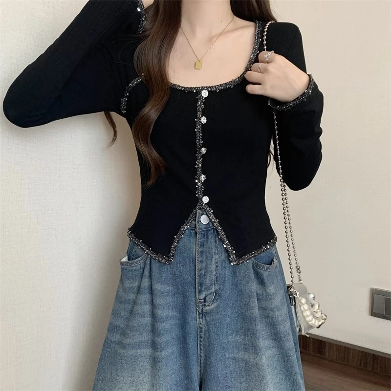 纯欲风方领单排扣亮片长袖T恤女秋季新款修身显瘦高级感上衣