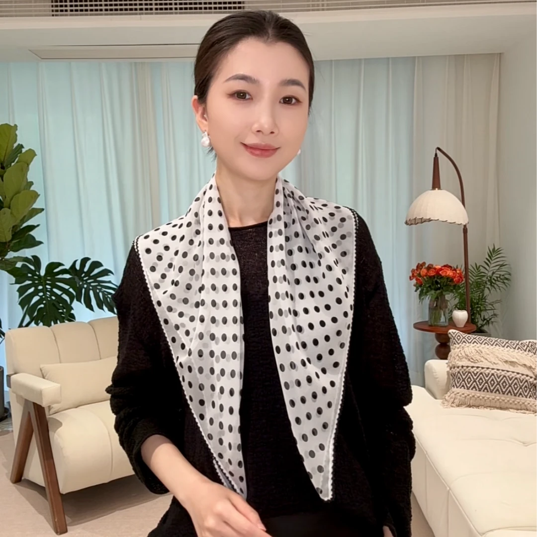 波尔卡密符100%桑蚕丝丝巾高级氛围感洋气小丝巾百搭韩版65cm围巾