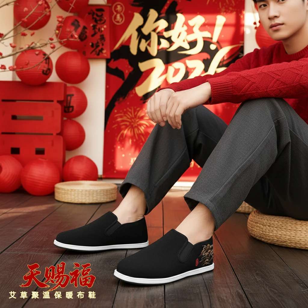 天赐福老北京2025冬季短绒刺绣【江山】布鞋一脚蹬防寒棉鞋男款冬季